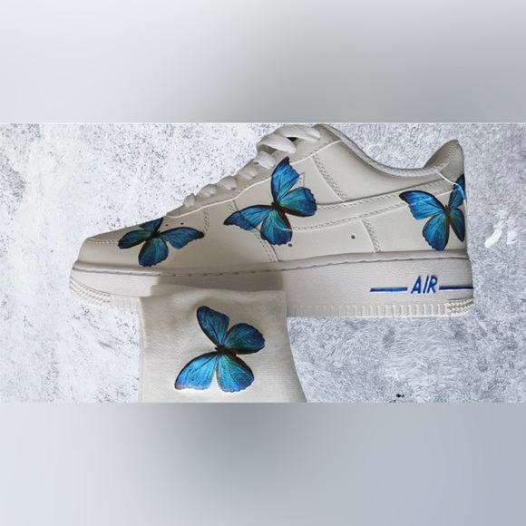 Custom Blue Butterfly Air Force One Sneakers With Free Matching Socks
